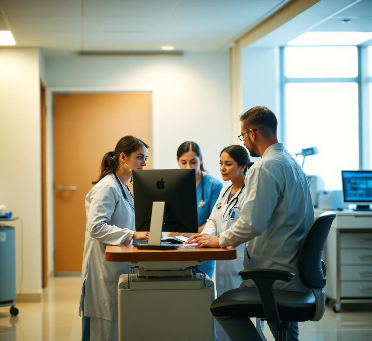 Hospital care team collaborating at a clinical workstation